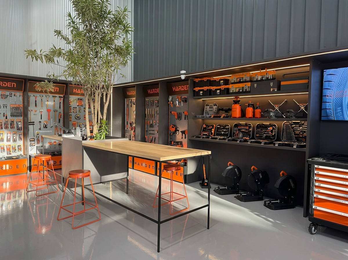 Showroom Harden com bancada de trabalho, painéis de ferramentas e equipamentos profissionais expostos