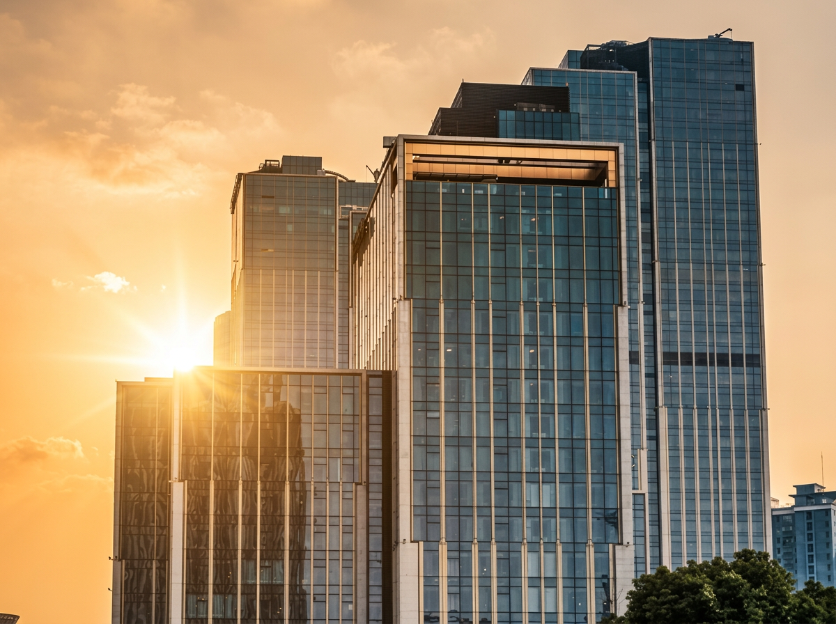 Edifícios corporativos de vidro ao entardecer, representando obras atendidas pela Hard