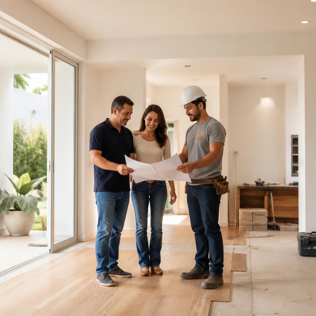 Casal analisando a planta da obra com um profissional de capacete durante a reforma da sala de casa